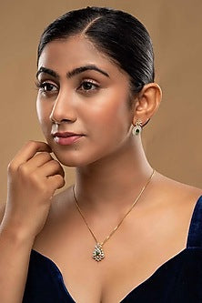 Gold Rhodium Plated Green Zircon Pendant Chain Necklace Set In Sterling Silver