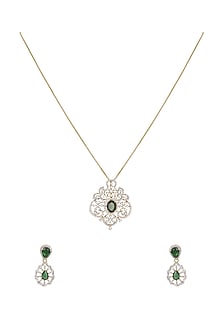 Gold Rhodium Plated Green Zircon Pendant Chain Necklace Set In Sterling Silver