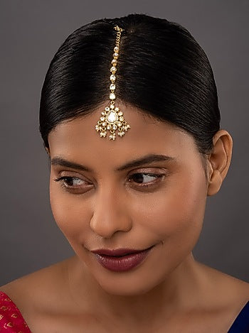 Gold Rhodium Plated Yellow Kundan Polki Maang Tikka In Sterling Silver