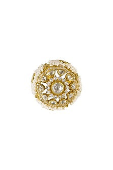 Gold Rhodium Plated Yellow Kundan Polki Ring In Sterling Silver