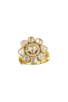 Gold Rhodium Plated Yellow Kundan Polki Ring In Sterling Silver