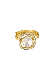 Gold Rhodium Plated Yellow Kundan Polki Ring In Sterling Silver