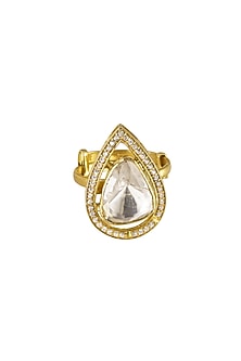 Gold Rhodium Plated Yellow Kundan Polki Ring In Sterling Silver