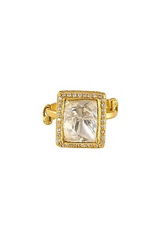 Gold Rhodium Plated Yellow Kundan Polki Ring In Sterling Silver