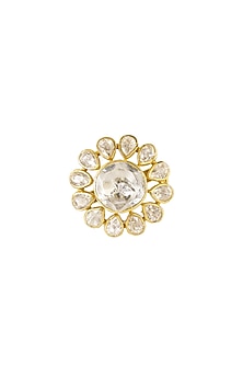 Gold Rhodium Plated Yellow Kundan Polki Ring In Sterling Silver