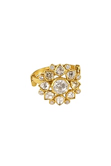 Gold Rhodium Plated Yellow Kundan Polki Ring In Sterling Silver