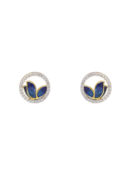Gold Rhodium Plated Blue Zircon Stud Earrings In Sterling Silver