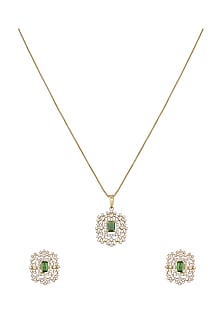Gold Rhodium Plated Green Zircon Pendant Chain Necklace Set In Sterling Silver