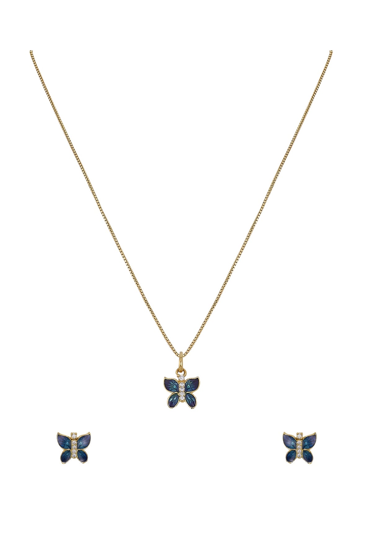 Gold Rhodium Plated Blue Zircon Pendant Chain Necklace Set In Sterling Silver