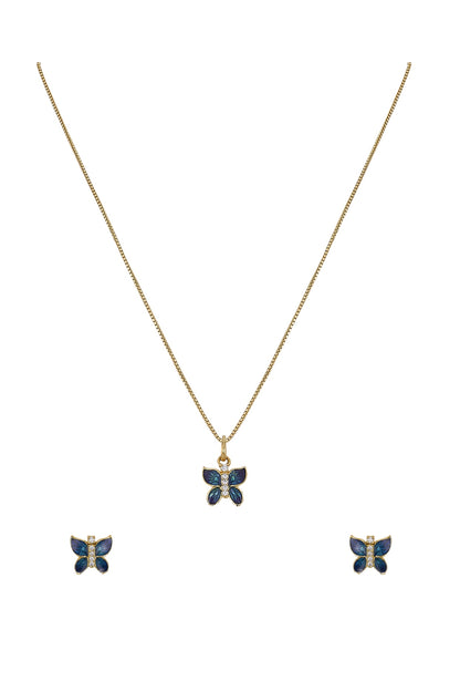 Gold Rhodium Plated Blue Zircon Pendant Chain Necklace Set In Sterling Silver