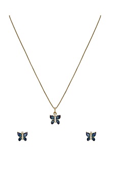 Gold Rhodium Plated Blue Zircon Pendant Chain Necklace Set In Sterling Silver