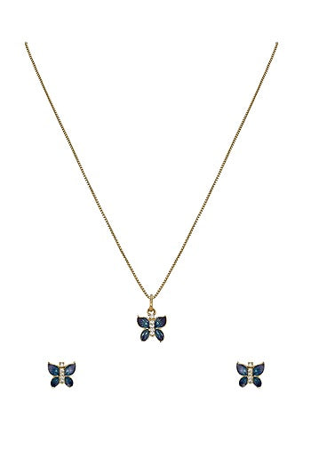 Gold Rhodium Plated Blue Zircon Pendant Chain Necklace Set In Sterling Silver