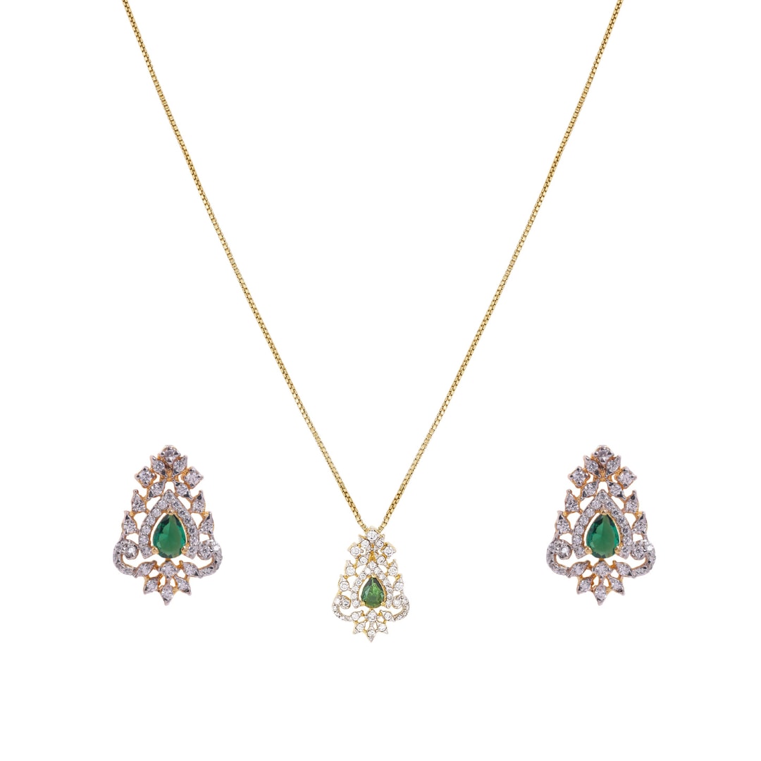 Gold Rhodium Plated Green Zircon Pendant Chain Necklace Set In Sterling Silver