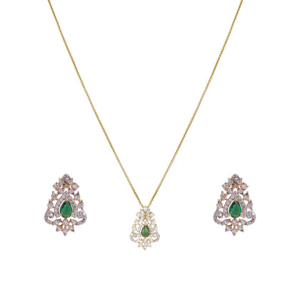 Gold Rhodium Plated Green Zircon Pendant Chain Necklace Set In Sterling Silver