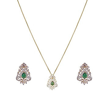 Gold Rhodium Plated Green Zircon Pendant Chain Necklace Set In Sterling Silver