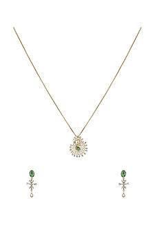 Gold Rhodium Plated Green Zircon Pendant Chain Necklace Set In Sterling Silver