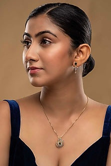 Gold Rhodium Plated Green Zircon Pendant Chain Necklace Set In Sterling Silver