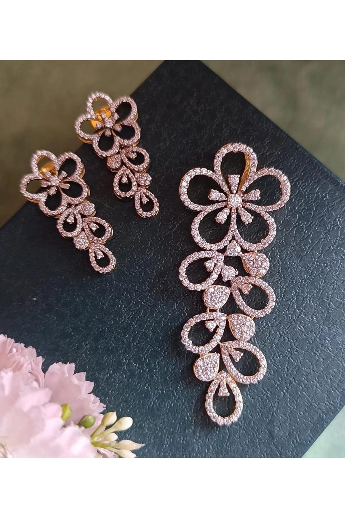 Gold Finish Zircon Necklace Set In Sterling Silver