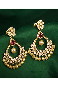 Gold Finish Red Moissanite Polki & Cubic Zirconia Dangler Earrings In Sterling Silver