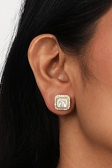 Gold Finish Moissanite Polki & Cubic Zirconia Stud Earrings In Sterling Silver