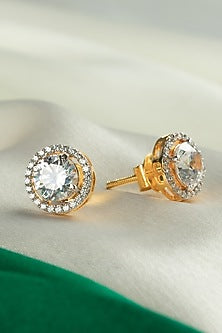 Gold Finish Zircon Stud Earrings In Sterling Silver