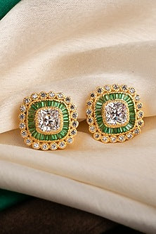Gold Finish Green Zircon Stud Earrings In Sterling Silver