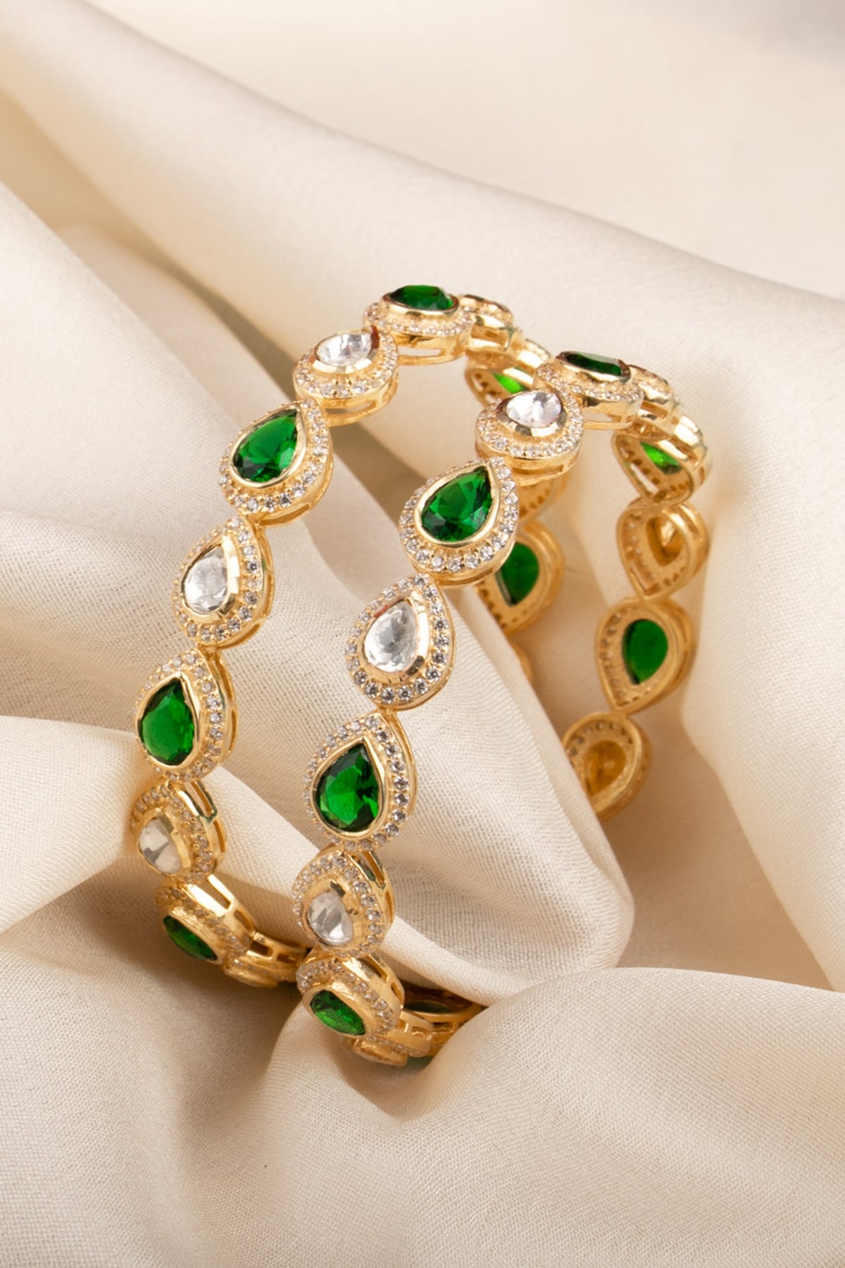 Gold Finish Mossainite Polki Bangles In Sterling Silver