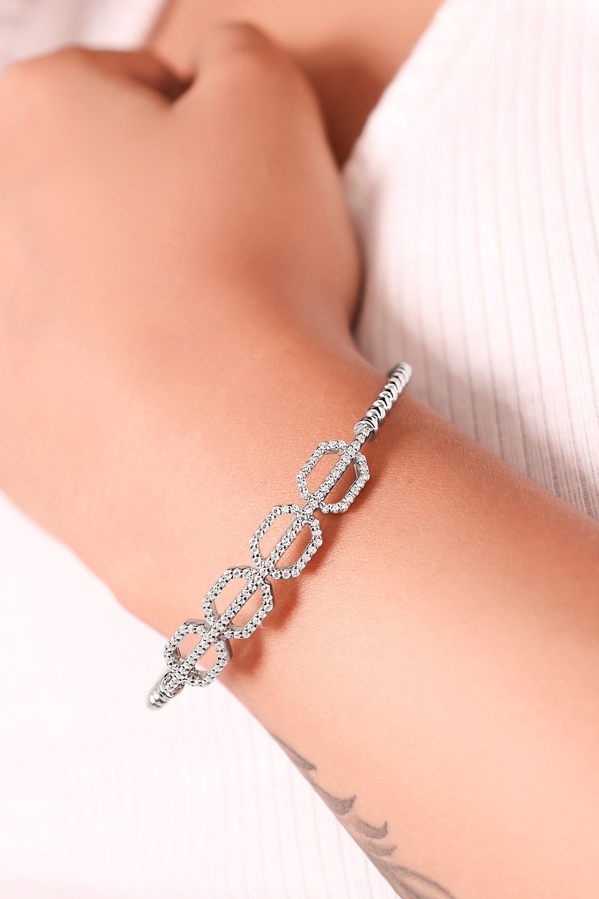 White Finish Crystal Kada In Sterling Silver