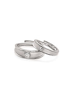White Rhodium Finish Cubic Zirconia Adjustable Couple Rings (Set of 2) In Sterling Silver