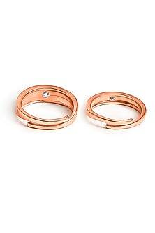 Rose Gold Finish Cubic Zirconia Adjustable Couple Rings (Set of 2) In Sterling Silver