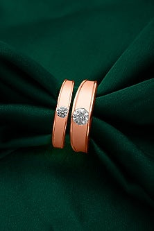 Rose Gold Finish Cubic Zirconia Adjustable Couple Rings (Set of 2) In Sterling Silver