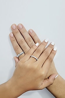 White Rhodium Finish Cubic Zirconia Adjustable Couple Rings (Set of 2) In Sterling Silver