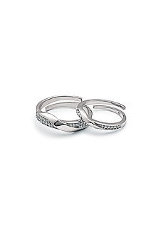 White Rhodium Finish Cubic Zirconia Adjustable Couple Rings (Set of 2) In Sterling Silver