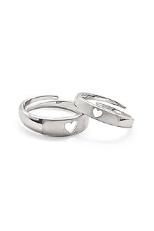 White Rhodium Finish Adjustable Heart Couple Rings (Set of 2) In Sterling Silver