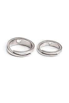 White Rhodium Finish Adjustable Heart Couple Rings (Set of 2) In Sterling Silver