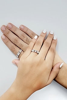White Rhodium Finish Cubic Zirconia Adjustable Couple Rings (Set of 2) In Sterling Silver