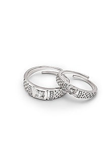 White Rhodium Finish Cubic Zirconia Adjustable Couple Rings (Set of 2) In Sterling Silver