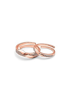 Rose Gold Finish Cubic Zirconia Adjustable Couple Rings (Set of 2) In Sterling Silver