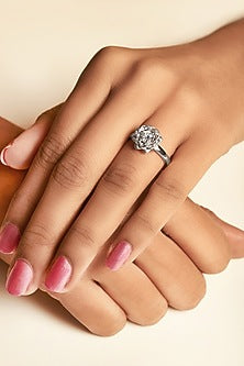 White Rhodium Finish Cubic Zirconia Floral Ring In Sterling Silver