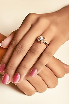Rose Gold Finish Cubic Zirconia Floral Ring In Sterling Silver