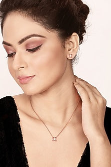 Rose Gold Finish Cubic Zirconia Floral Pendant Necklace Set In Sterling Silver