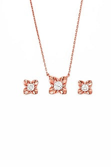 Rose Gold Finish Cubic Zirconia Floral Pendant Necklace Set In Sterling Silver