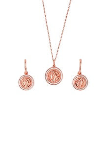 Rose Gold Finish Cubic Zirconia Coin Pendant Necklace Set In Sterling Silver