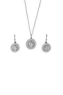 White Finish Cubic Zirconia Coin Pendant Necklace Set In Sterling Silver