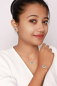 White Finish Cubic Zirconia & Blue Crystal Mock Evil Eye Pendant Necklace Set In Sterling Silver
