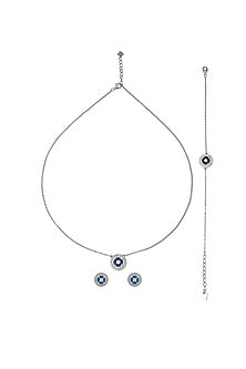 White Finish Cubic Zirconia & Blue Crystal Mock Evil Eye Pendant Necklace Set In Sterling Silver