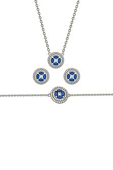 White Finish Cubic Zirconia & Blue Crystal Mock Evil Eye Pendant Necklace Set In Sterling Silver