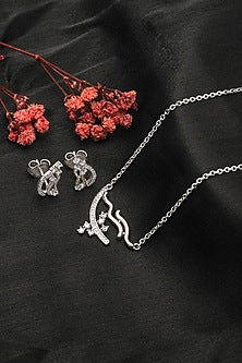 White Finish Cubic Zirconia Abstract Pendant Necklace Set In Sterling Silver