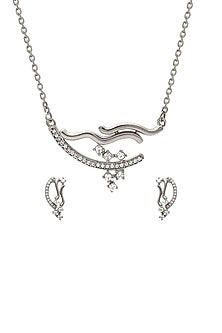 White Finish Cubic Zirconia Abstract Pendant Necklace Set In Sterling Silver