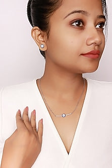 White Finish Electric Blue Crystal Evil Eye Pendant Necklace Set In Sterling Silver
